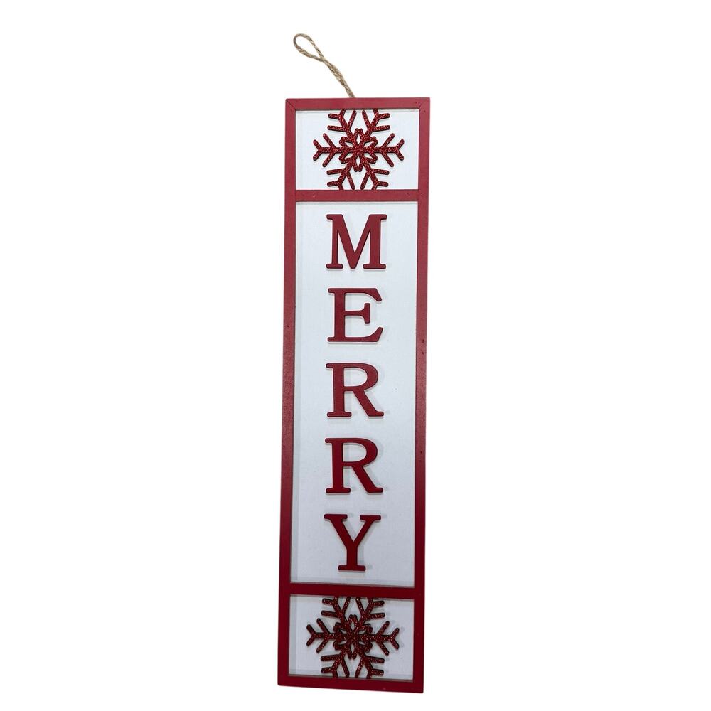 Wooden "MERRY" Christmas Sign - Red & White Farmhouse Decor Rustic Holiday EUC